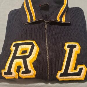 Navy Zip-Up Sweater with Yellow Accents